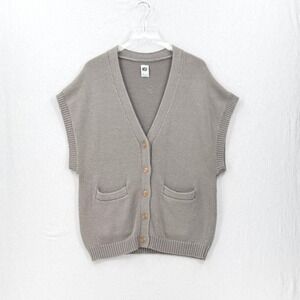 NSF Sweater Vest Women Small Gray Button Front Knit V-Neck Sleeveless Pockets